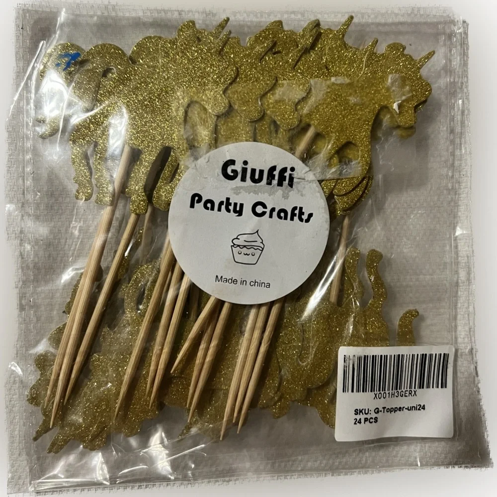 💥Giuffi Party Crafts Gold Glitter Unicorn Cupcake Toppers Wooden Pick 24 PCS